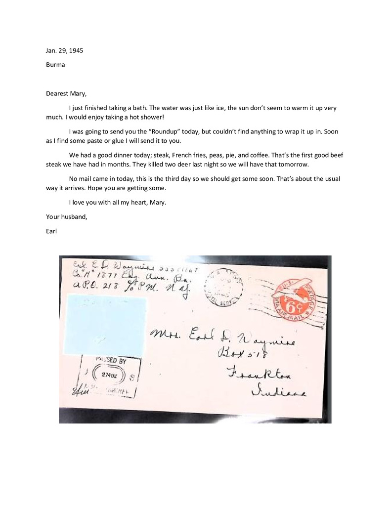Waymire Letters January 29, 1945