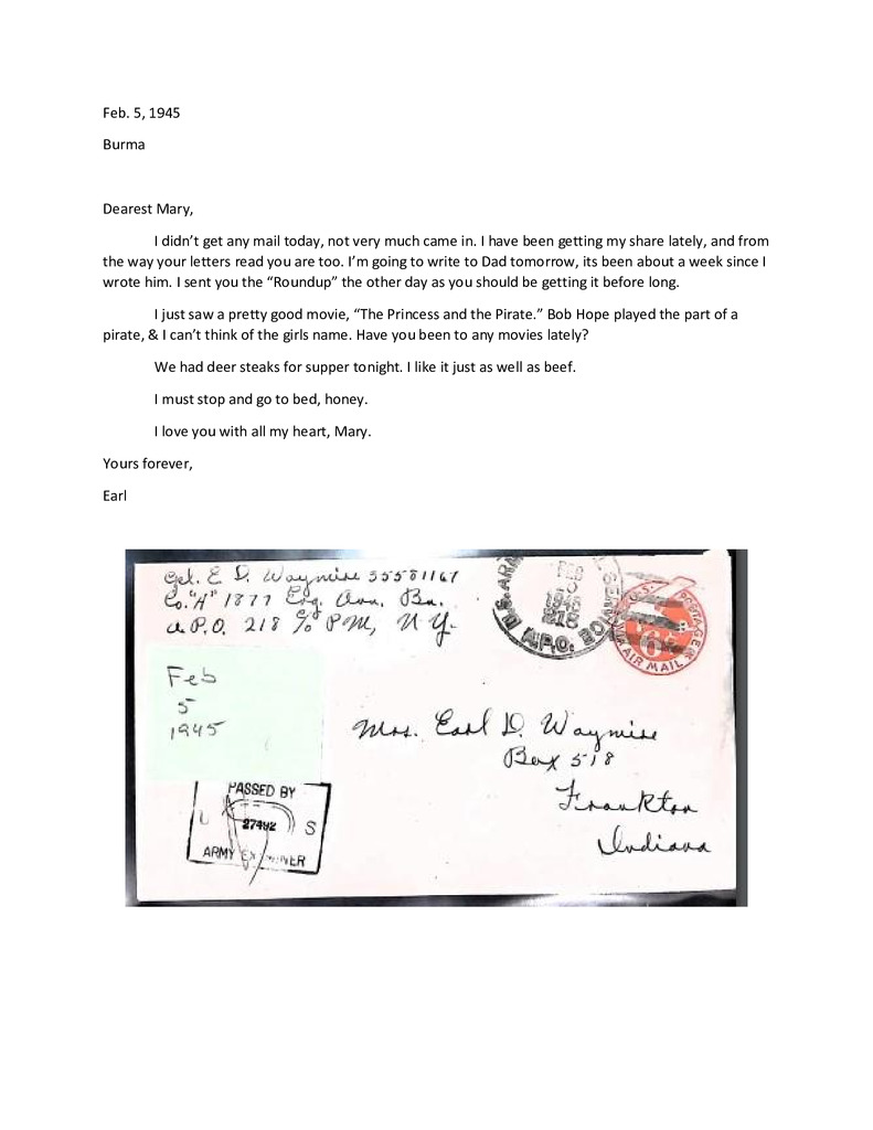 Waymire Letters February 5, 1945