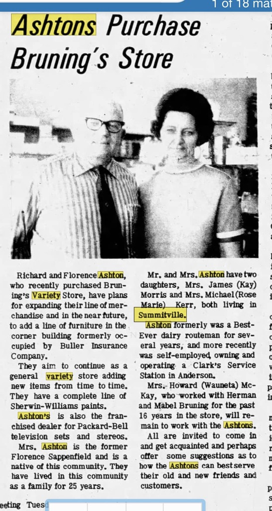 Newspaper article about Richard and Florence Ashton buying Bruning's Store