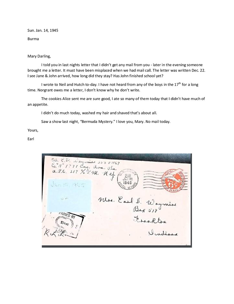 Waymire Letters January 14, 1945