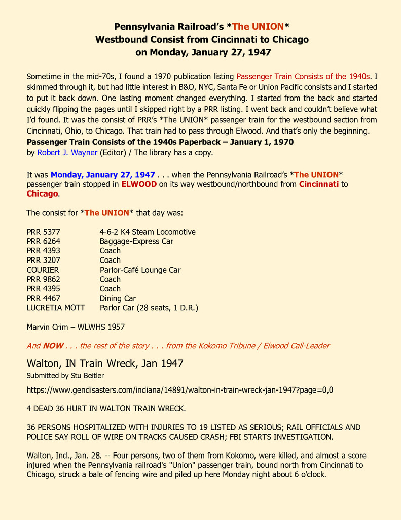 Pennsylvania Railroad's *The Union* Westbound Consist