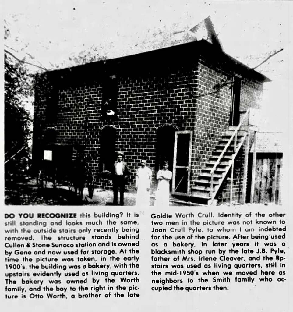 Newspaper article about and with picture of the Worth Bakery with three men standing up front with a horse and carriage