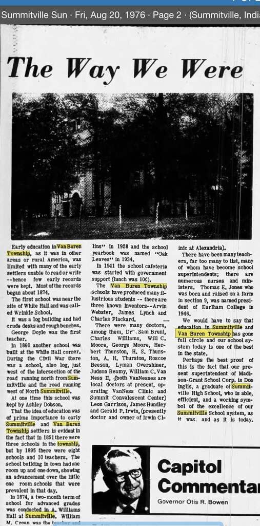 Newspaper article from 08/20/1976 about th ehistory of Summitville Schools (Part 1)