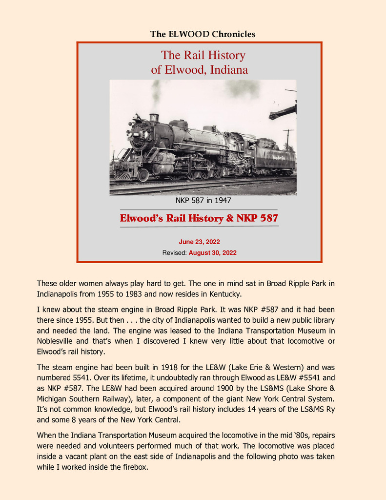 The Rail History of Elwood, Indiana - Elwood's Rail History &amp; NKP 587