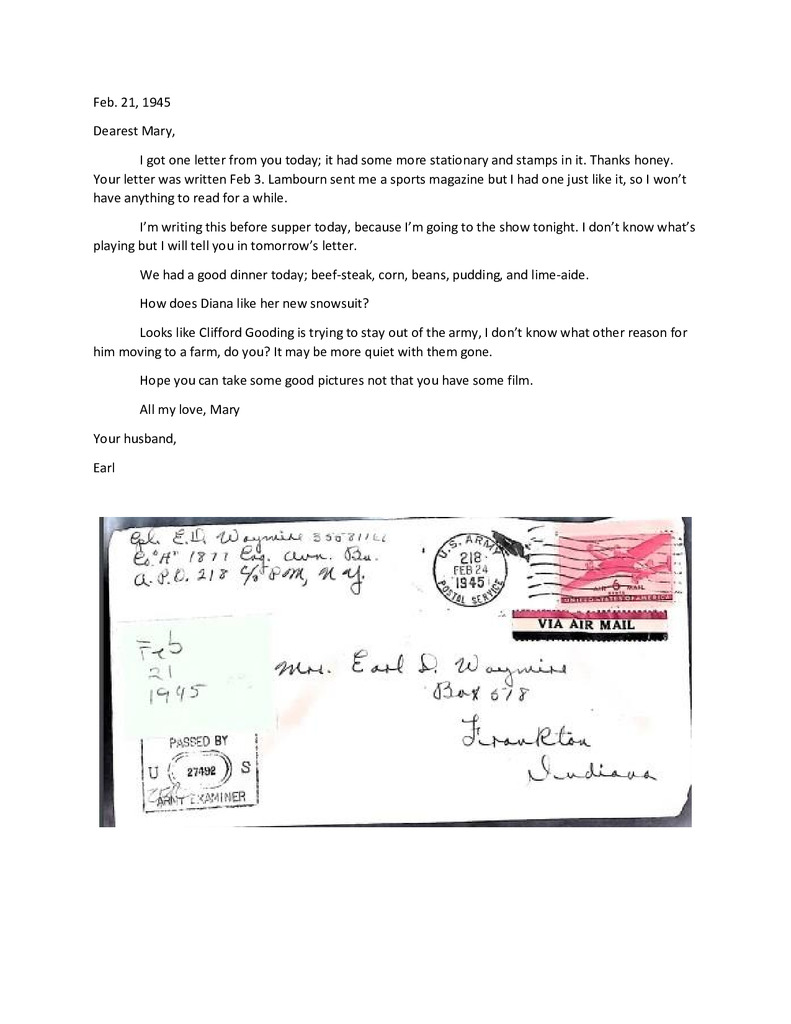 Waymire Letters February 21, 1945