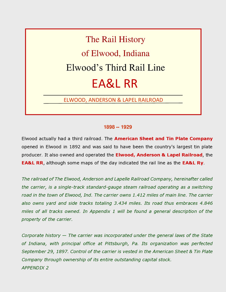 The Rail History of Elwood, Indiana - Elwood’s Third Rail Line EA&amp;L RR