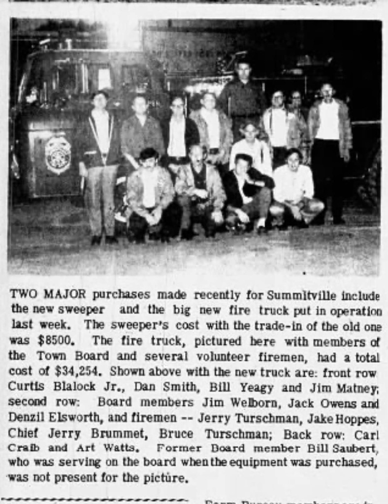 Newspaper clipping of Summitville's new street sweeper and fire truck with two rows of firemen standing in front of the vehicles