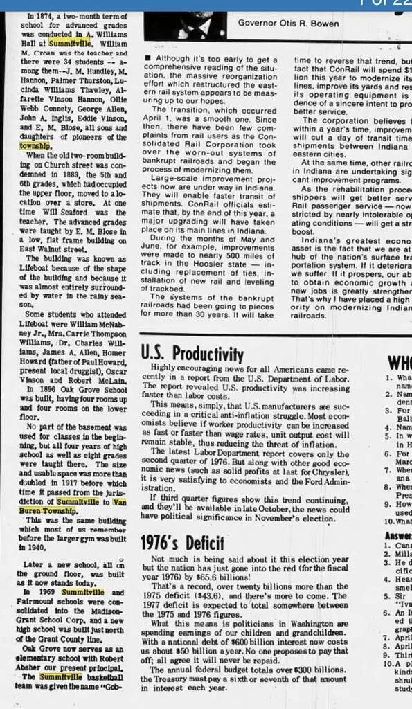 Newspaper article from 08/20/1976 about the history of Summitville Schools (Part 2)