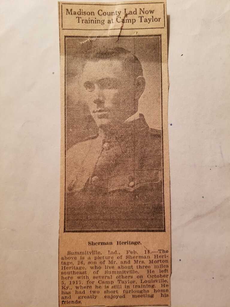 Newspaper clipping announcing Sherman Heritage's military training at Camp Taylor